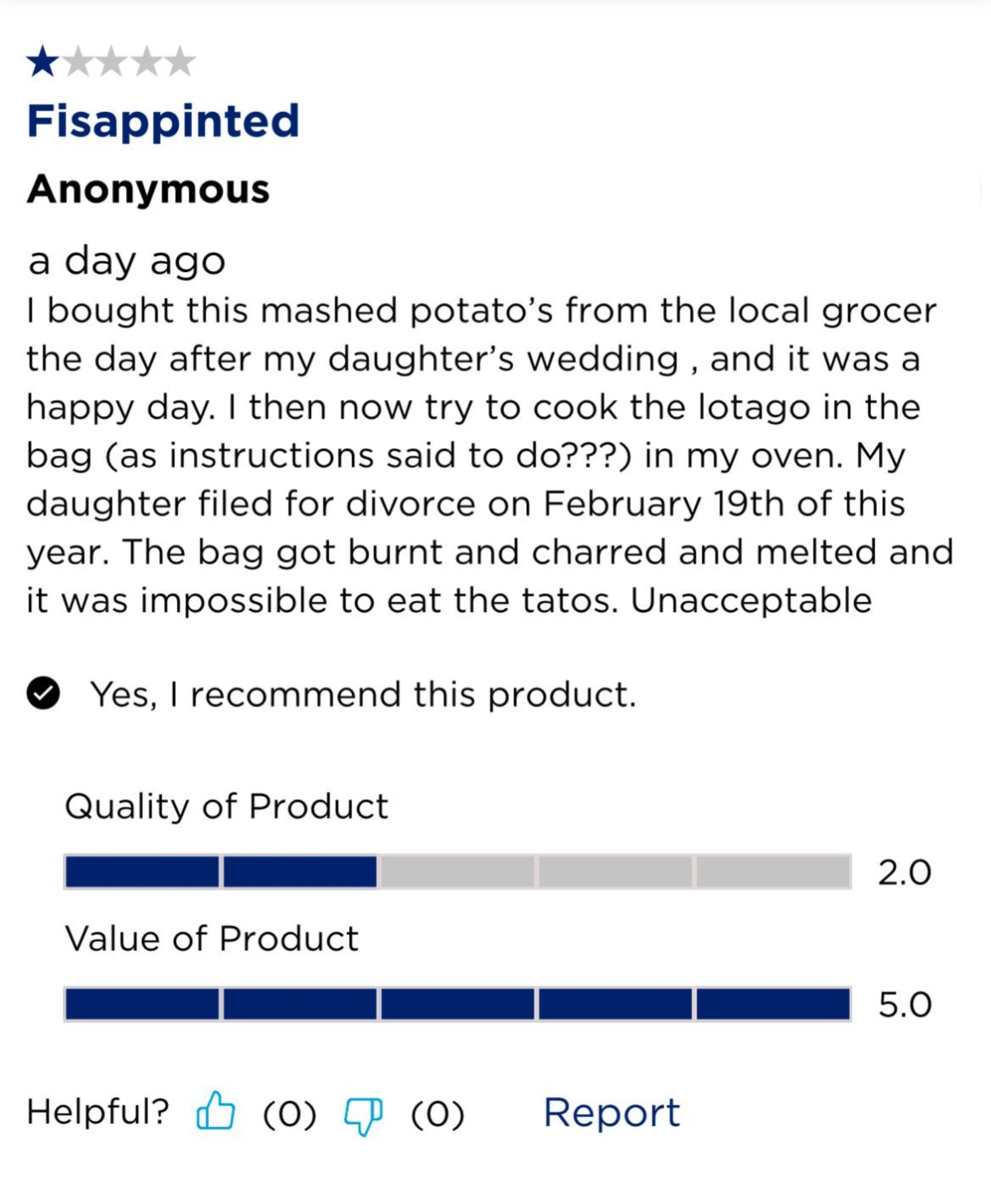 Product review screenshot with a 2-star rating. User describes cooking difficulties with mashed cauliflower, leading to it being inedible