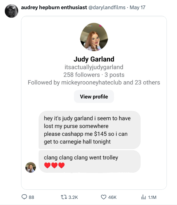 A parody social media post pretending to be from Judy Garland, humorously asking for money for a fictional lost purse