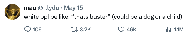 Tweet humorously suggests the name "Buster" could refer to a dog or a child, highlighting cultural naming norms