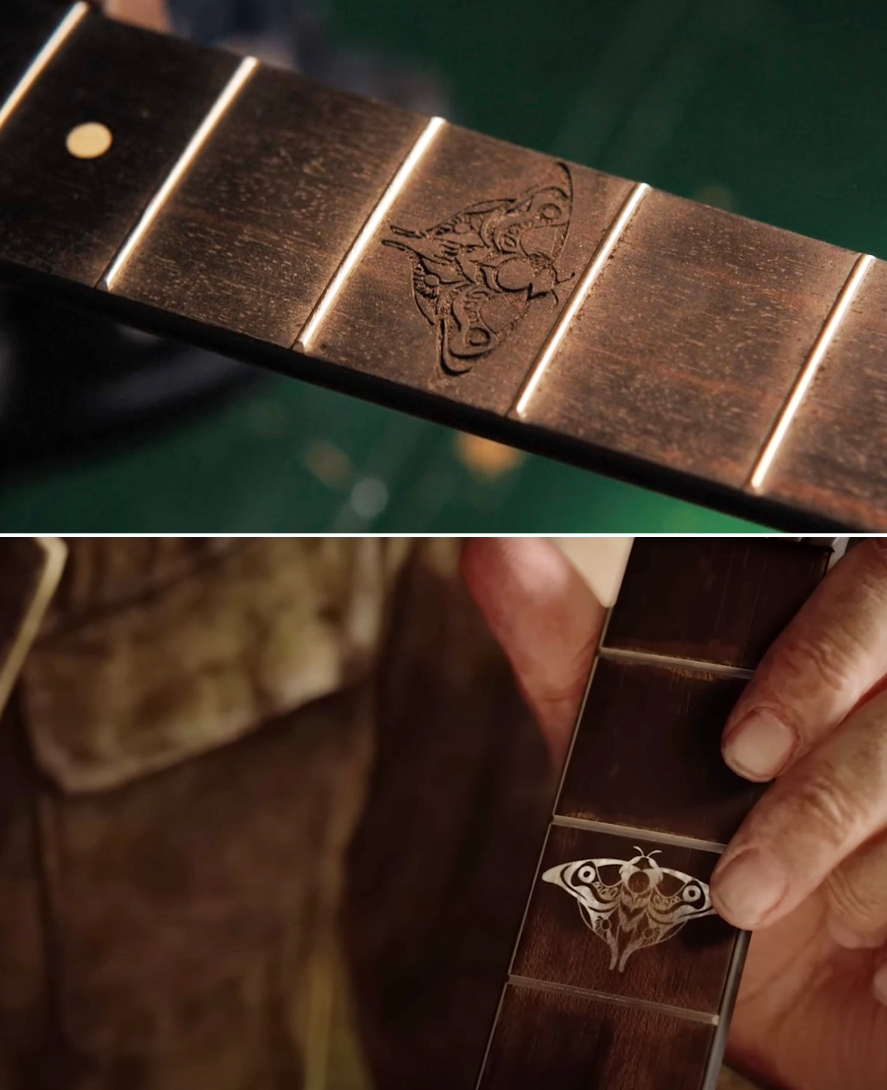 Close-ups of a neck of a guitar with a moth carved into it