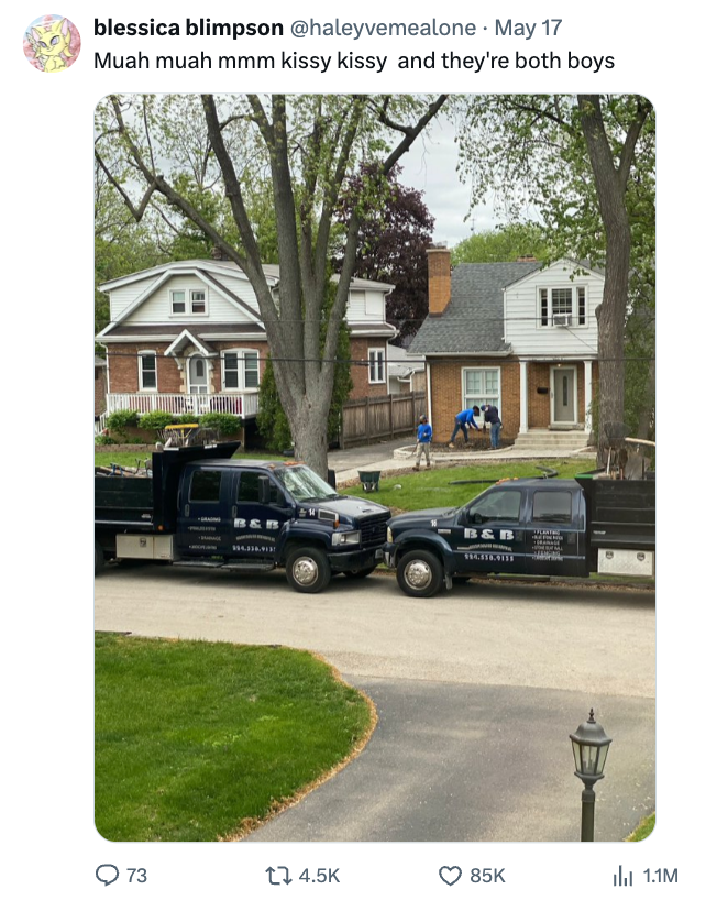 Two trucks labeled "B & F Electric" appear to kiss in front of houses, creating a playful visual pun