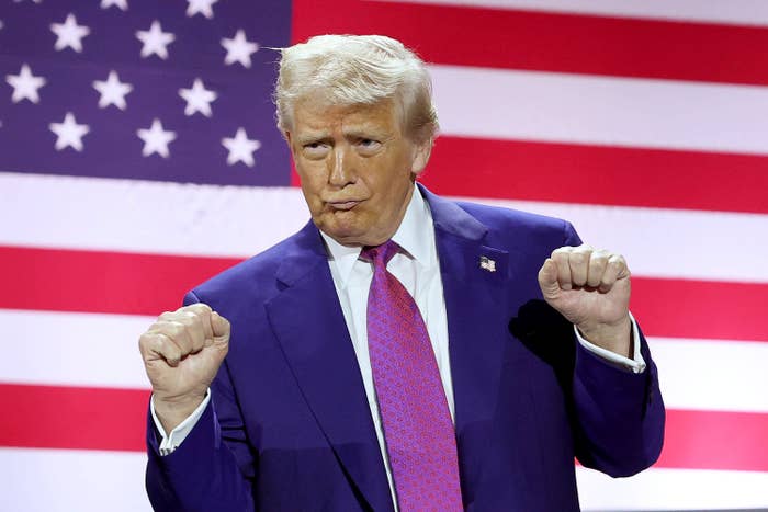 A idiosyncratic successful a suit and necktie stands successful beforehand of a ample American emblem background, gesturing with some hands raised adjacent their shoulders