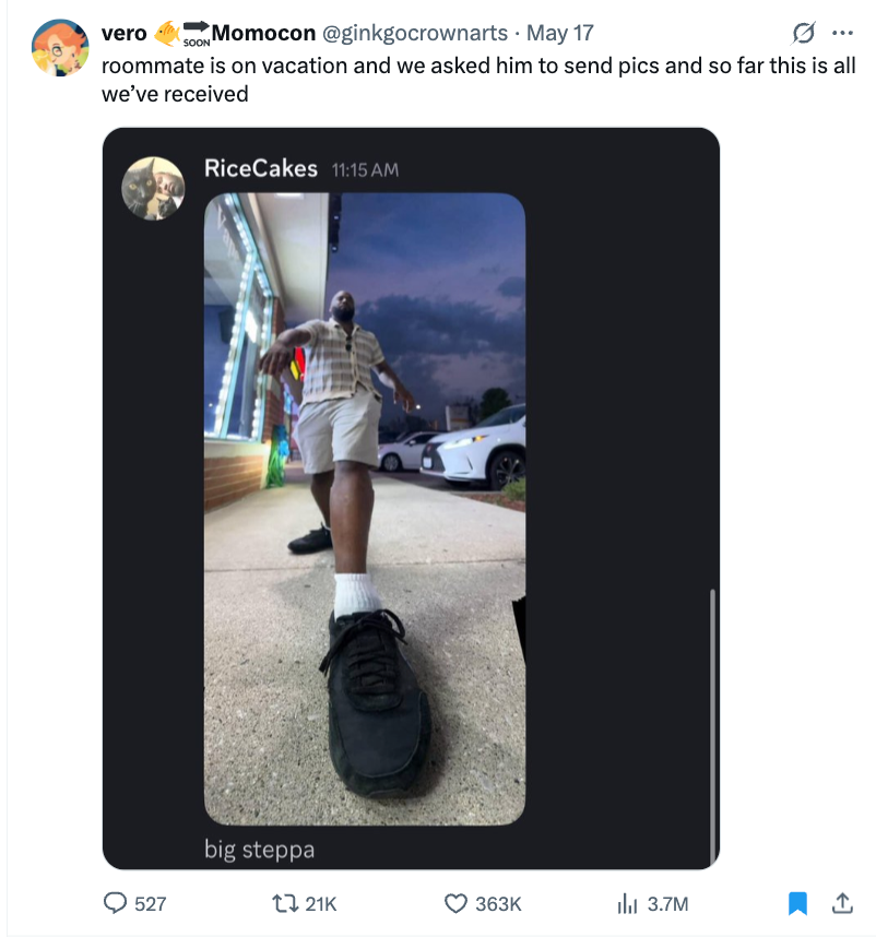 Person creatively poses with one foot extended toward camera, wearing casual summer attire. Tweet jokes about receiving this as a vacation update