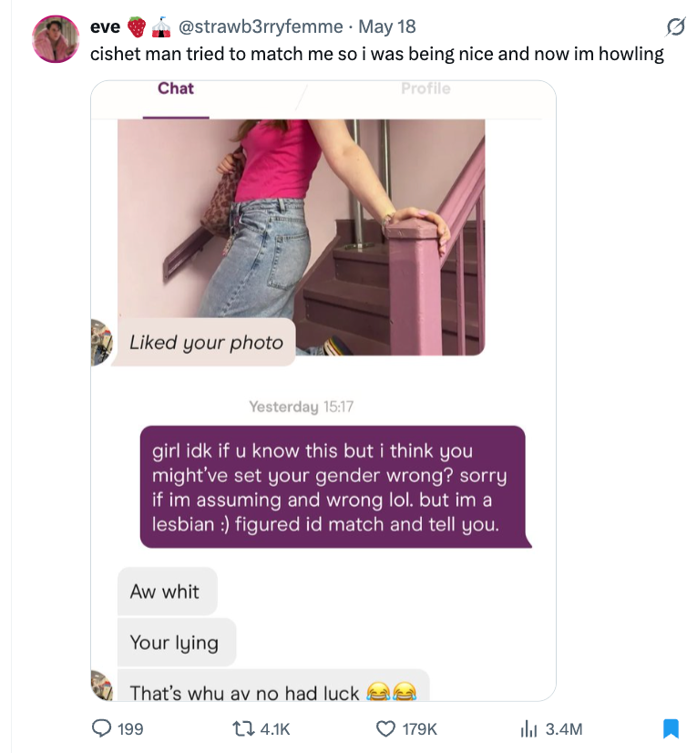 A tweet showing a person misunderstanding a woman's gender orientation, leading to a humorous exchange where she explains she's a lesbian