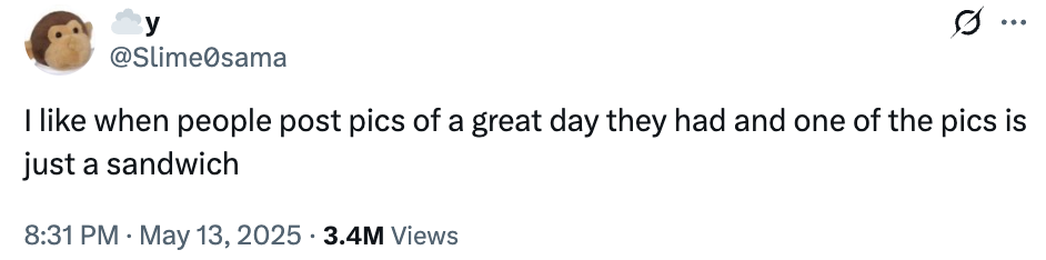 Tweet about enjoying when people share a great day and include a sandwich photo