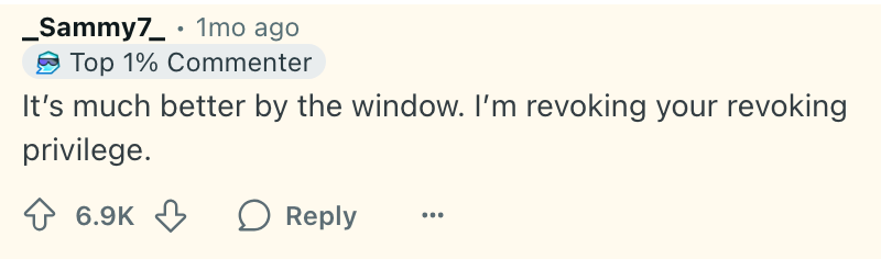 Comment from user <em>Sammy7</em>: "It's much better by the window. I'm revoking your revoking privilege." 6.9K likes, 1 reply