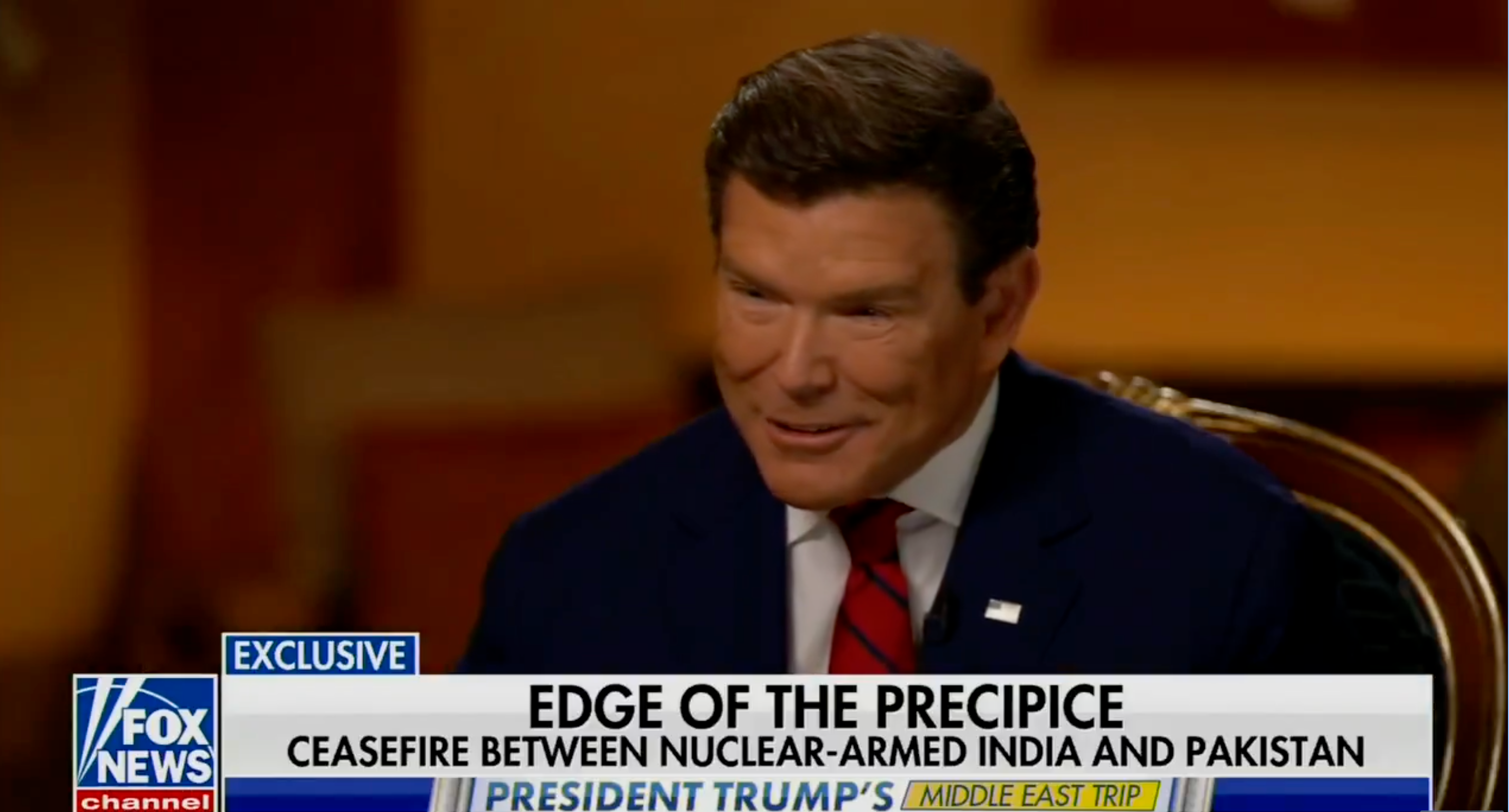 News segment with anchor discussing a ceasefire between nuclear-armed India and Pakistan
