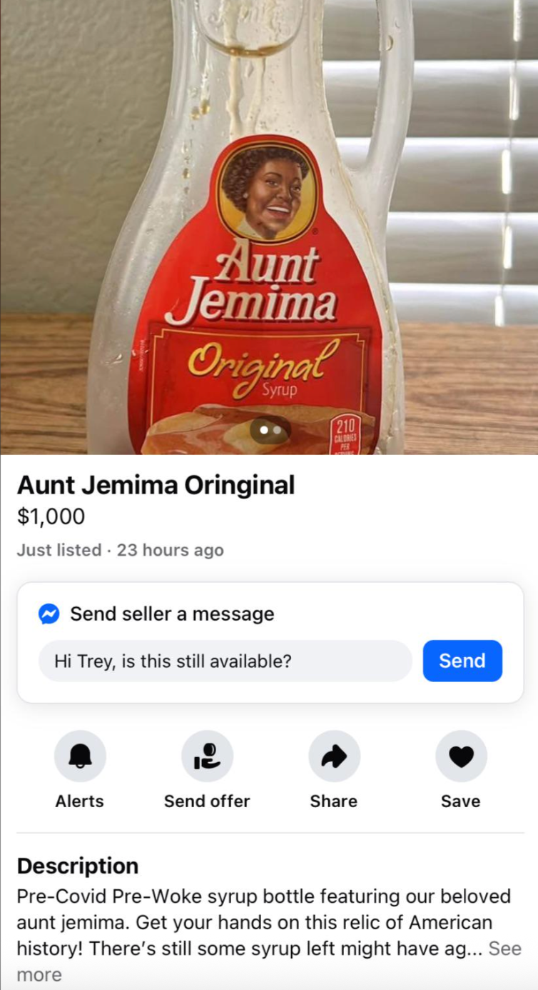 Aunt Jemima Original Syrup bottle listed for $1,000 online; includes seller inquiry about availability