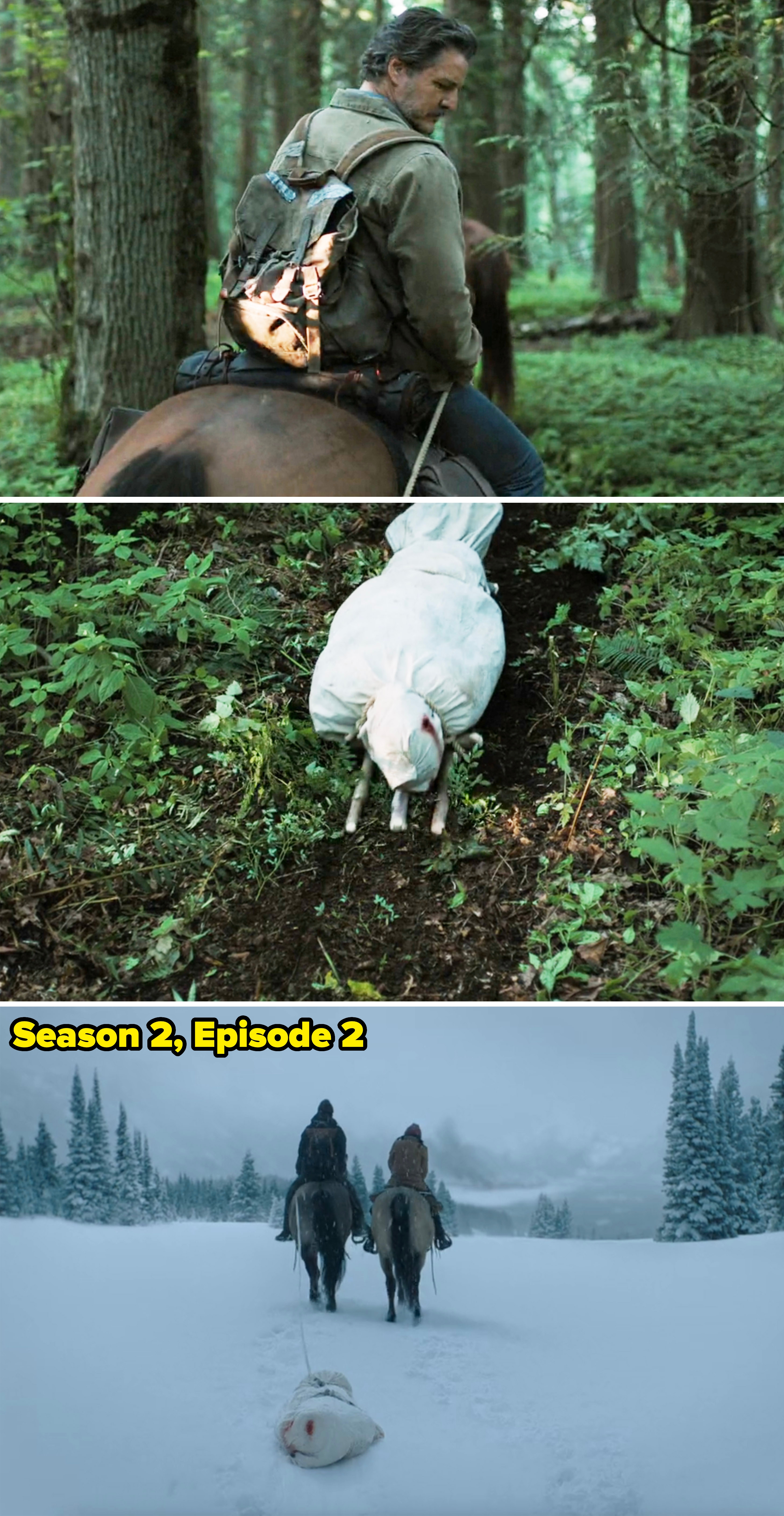 Joel looking back at Eugene's body wrapped in a cloth vs. Jesse, Dina, and Ellie dragging Joel's body through the snow, wrapped the same way