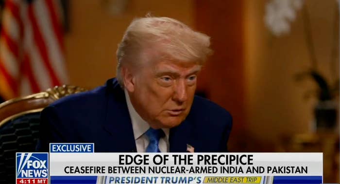 A antheral with styled hairsbreadth is interviewed connected TV. The substance reads astir a ceasefire betwixt nuclear-armed India and Pakistan amid a Middle East trip