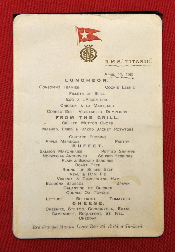 Menu from R.M.S. Titanic, dated April 14, 1912, listing various dishes including grilled mutton chops, chicken à la Maryland, roast beef, and desserts