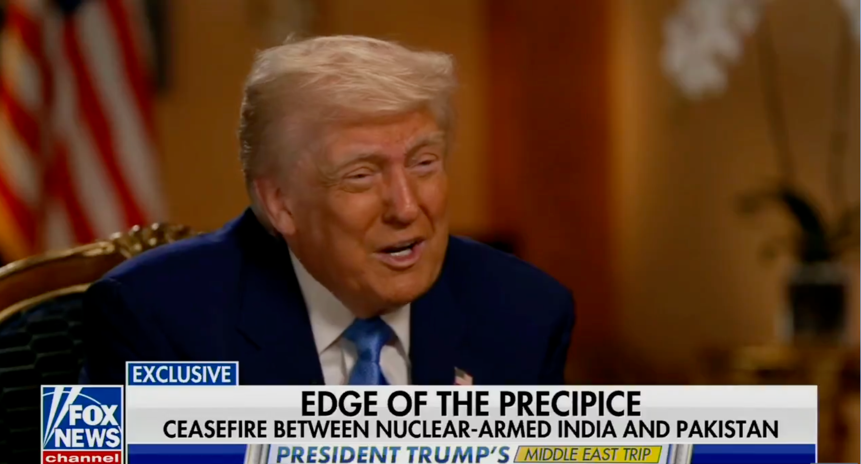 A person is being interviewed on Fox News with a headline discussing a ceasefire between nuclear-armed India and Pakistan