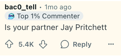 Comment asking if the partner is Jay Pritchett, with 5.4K likes and a reply option; user is a top commenter