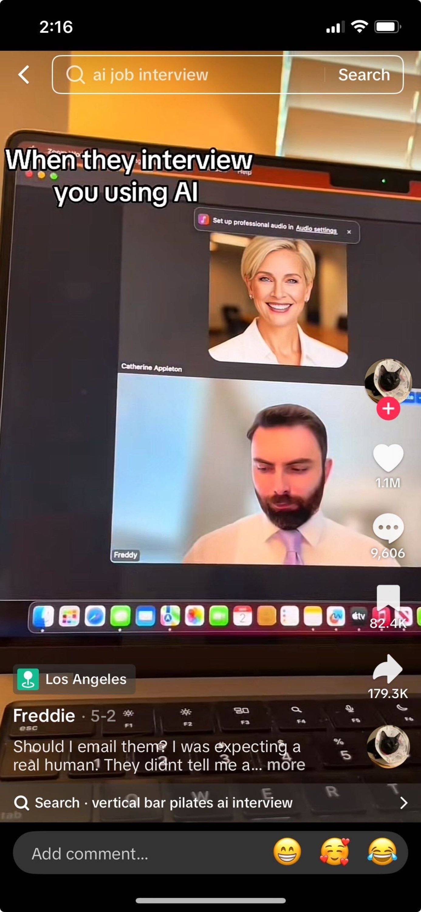 Video call on a laptop screen with AI-generated photos of two people. Caption jokes about AI in job interviews. Text shows user expecting a real human