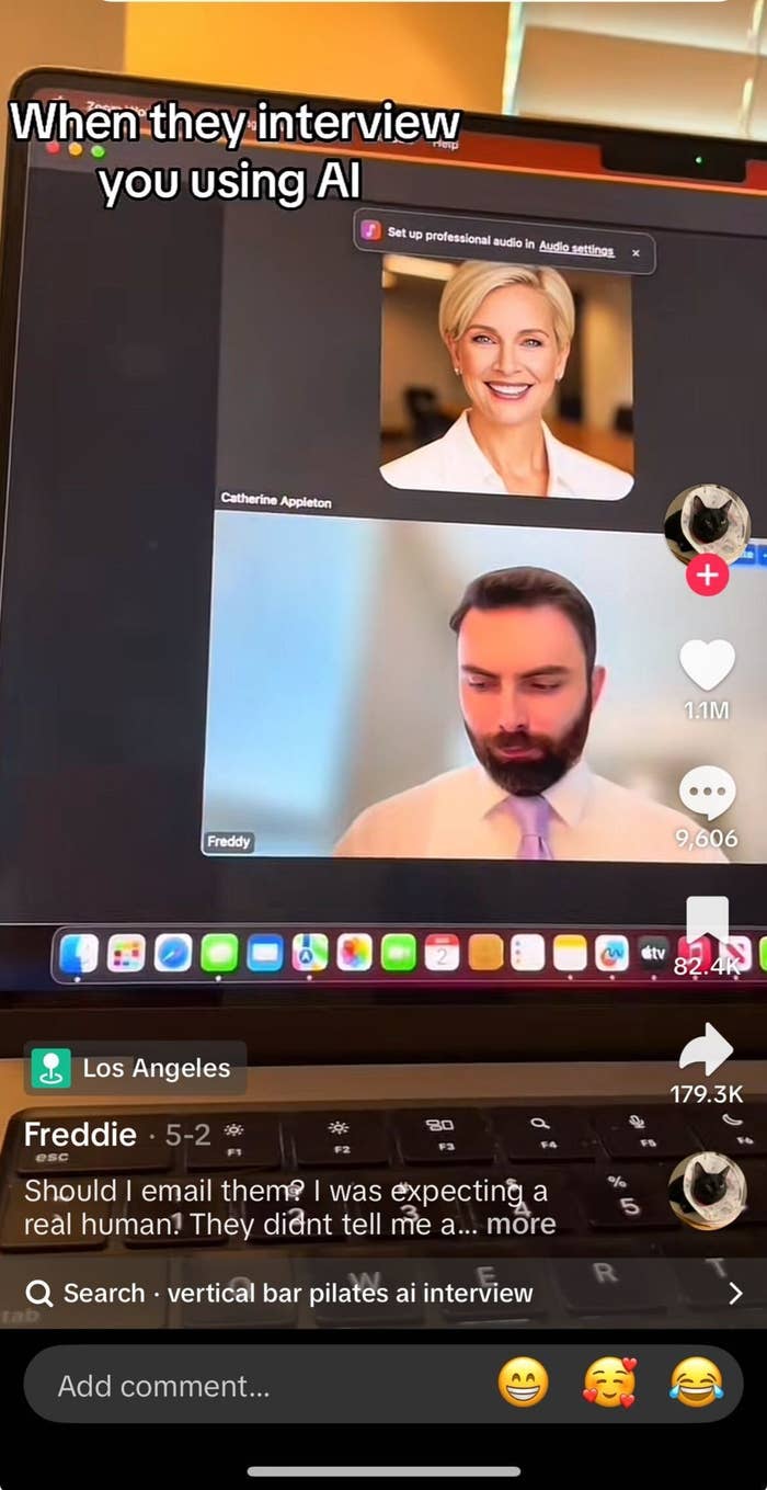 Video call on a laptop screen with AI-generated photos of two people. Caption jokes about AI in job interviews. Text shows user expecting a real human