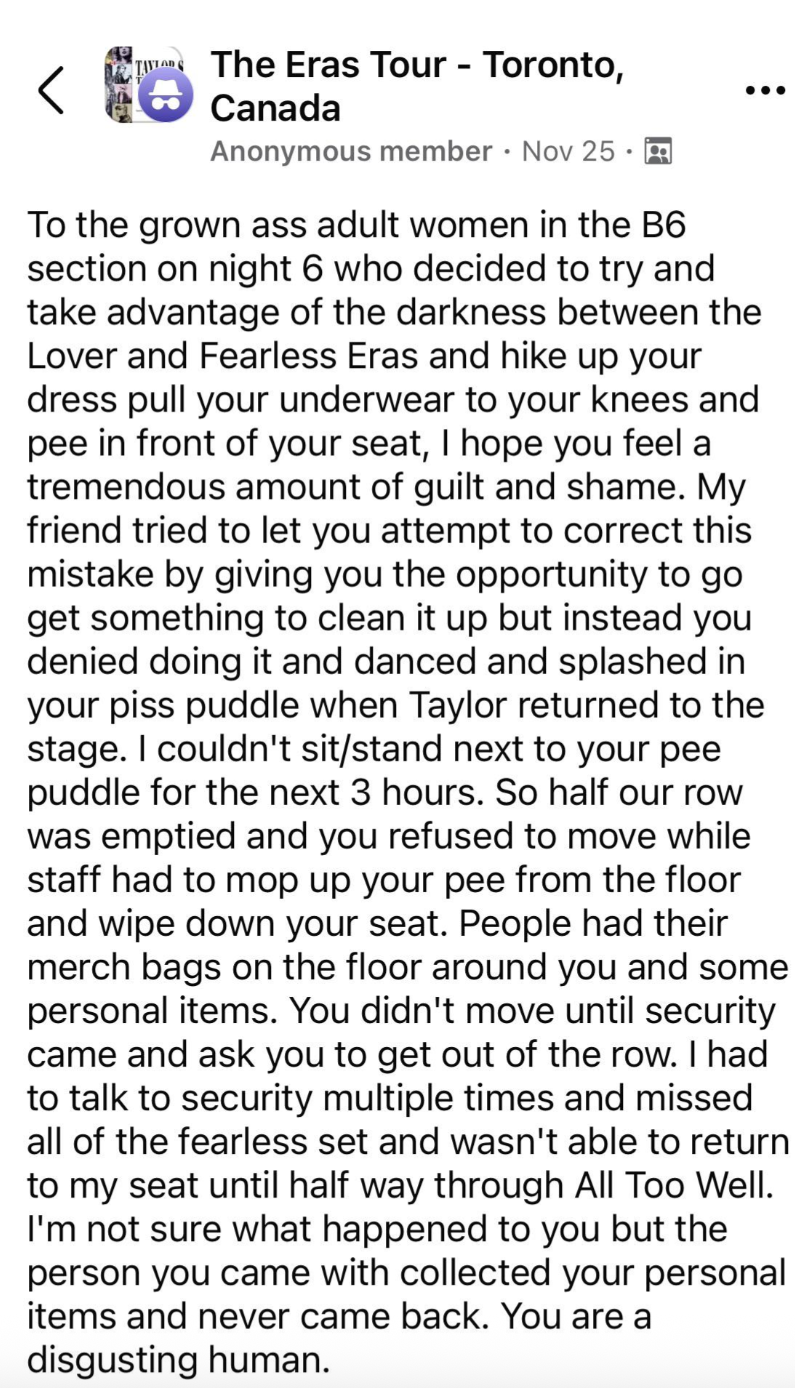 Facebook post complaining about a disruptive concertgoer in Toronto, citing incidents of public nudity and disorderly conduct