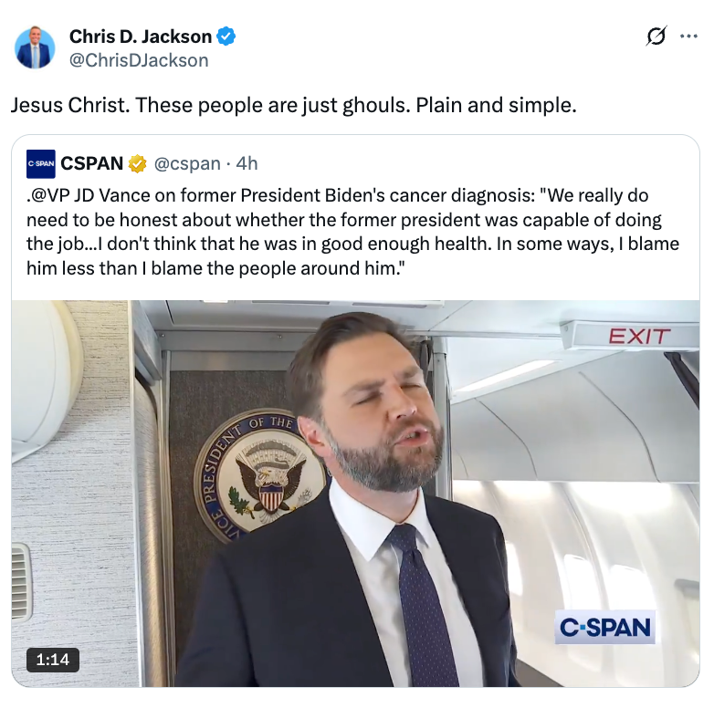 Man speaking to media, eyes closed, in a room with a podium, large seal, and &quot;EXIT&quot; sign. Tweet above him criticizes people's response to Biden's health