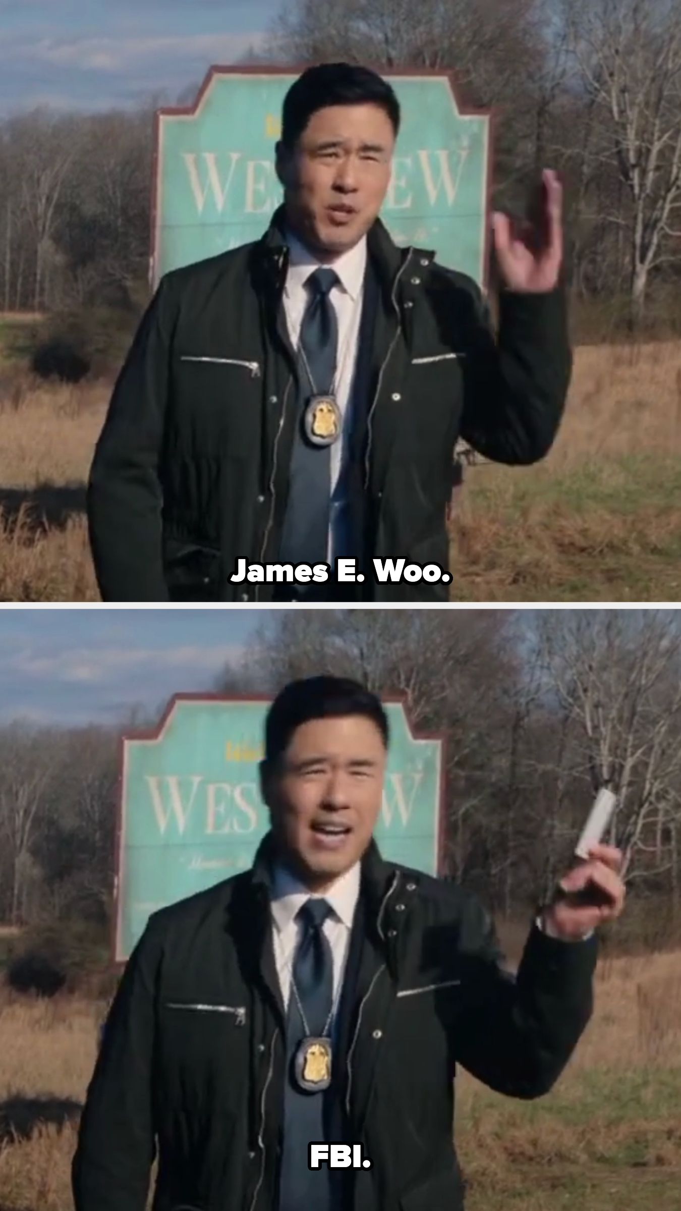 He makes a business card appear with sleight of hand, introducing himself as James E. Woo from the FBI