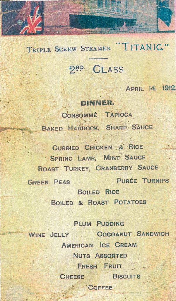 Menu from April 14, 1912, for Titanic's second class: includes soups, meats, vegetables, desserts, nuts, cheese, biscuits, and coffee