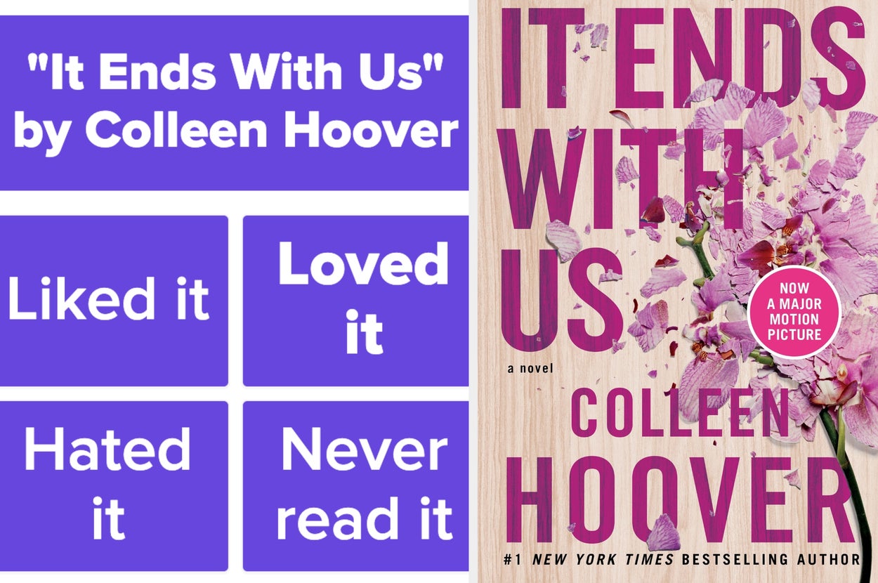 Survey about "It Ends With Us" book by Colleen Hoover, asking if readers liked, loved, hated, or never read it; book cover shows title and flowers