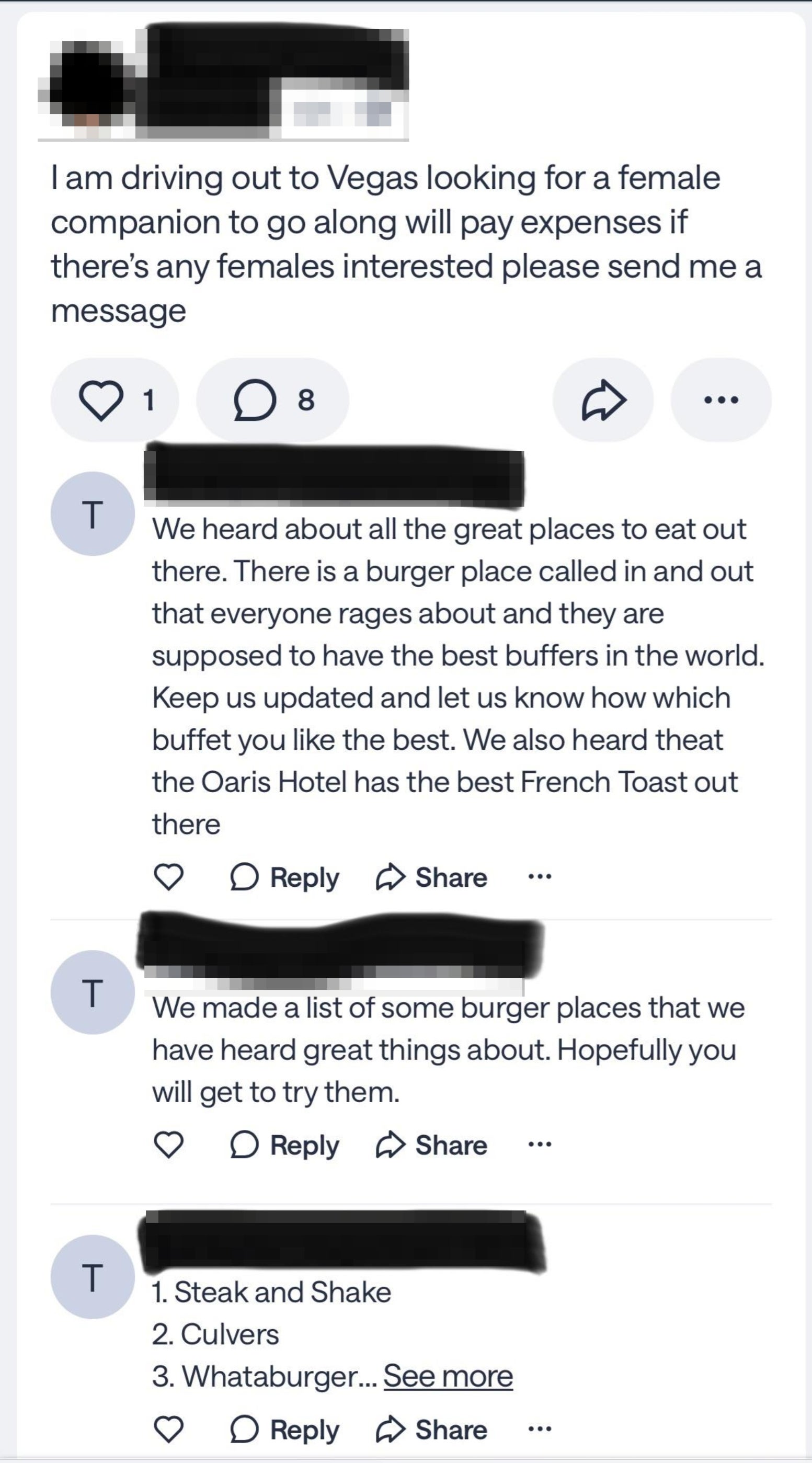 A social media post seeking a female travel companion to Vegas, followed by comments suggesting various burger places to try