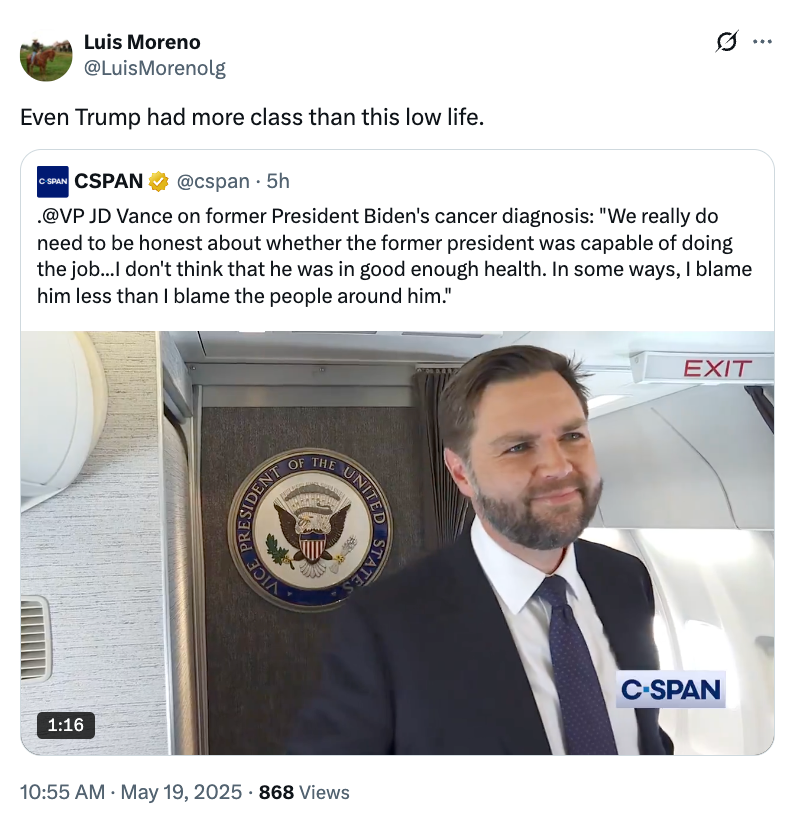 Screenshot of a tweet criticizing VP JD Vance's statement on former President Biden's cancer diagnosis, shared by user Luis Moreno