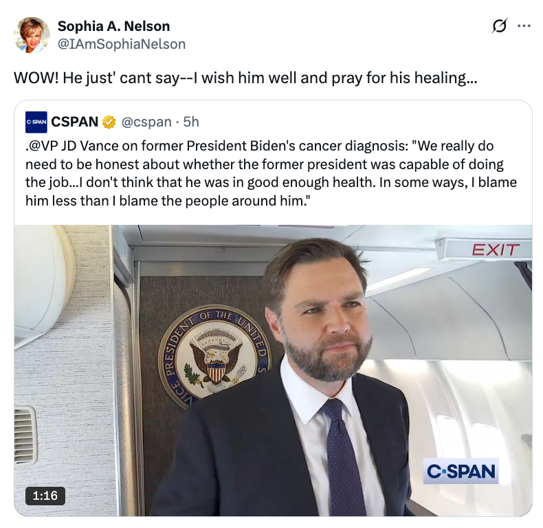 A person stands in a plane interior with a tweet overlay discussing comments on former President Biden's health