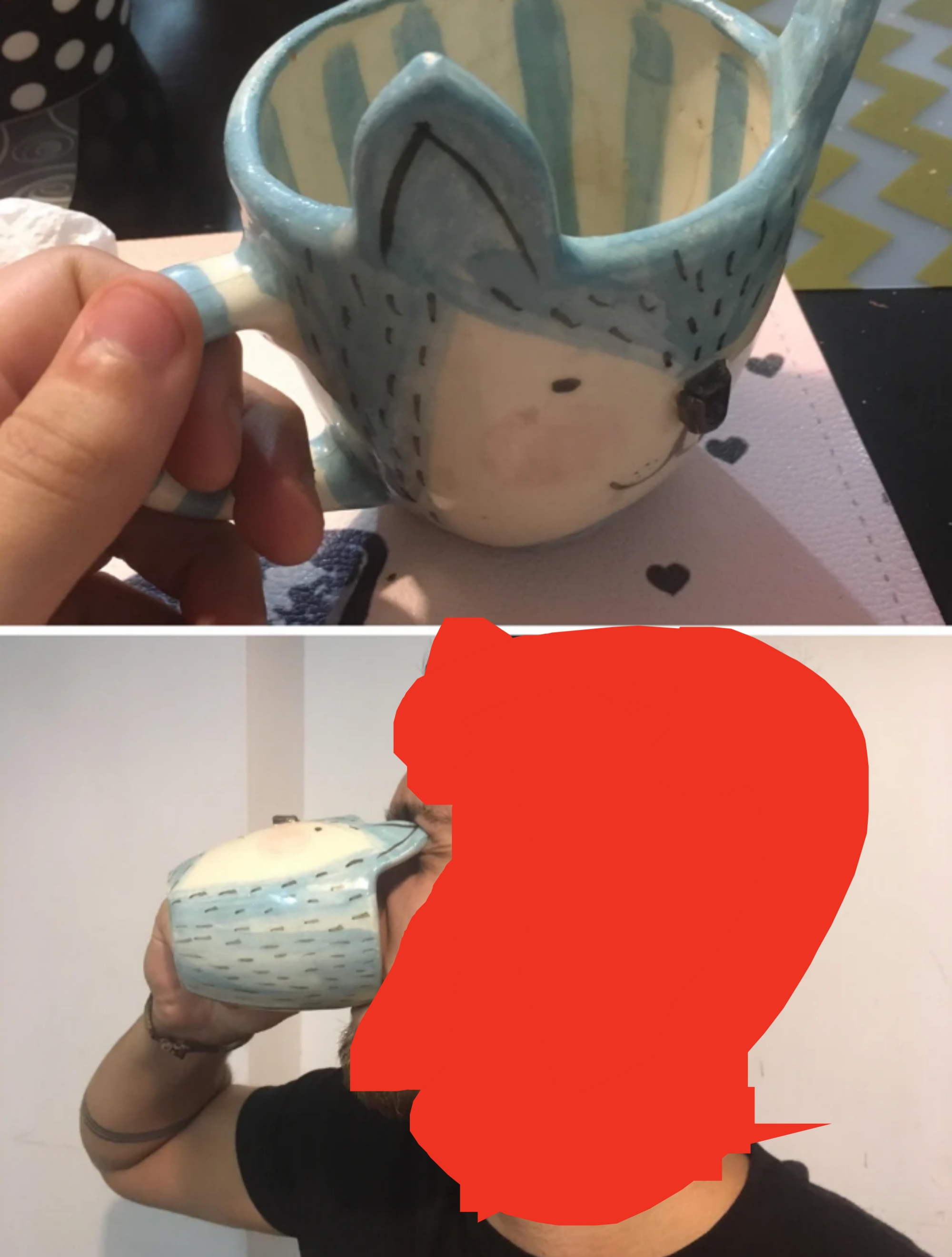 Two images: A hand holds a fox-shaped mug, and a person drinks from the mug, tilting their head back due to the design