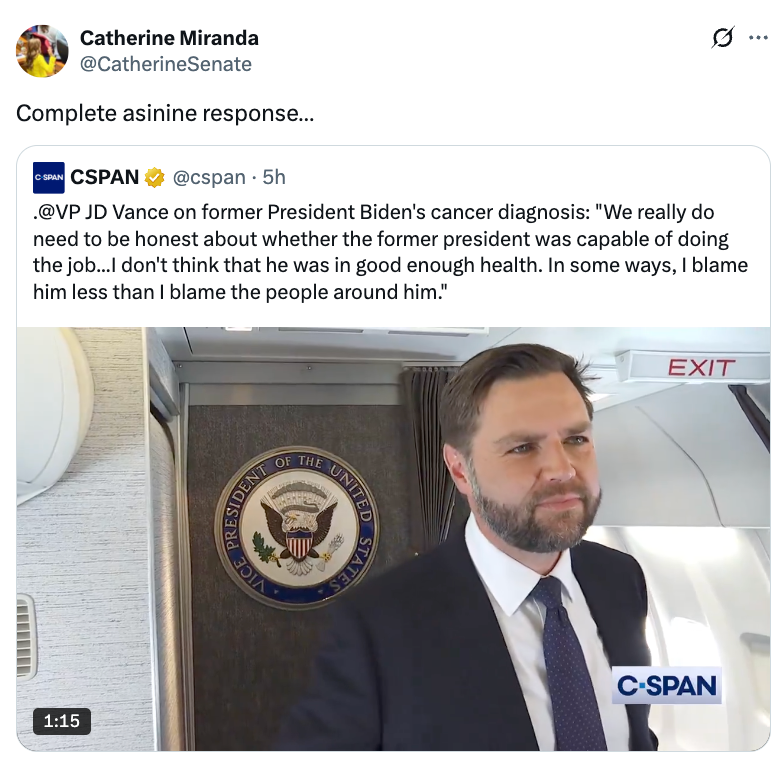 A man in a suit stands inside an aircraft near a seal reading &quot;President of the United States.&quot; The tweet criticizes his comments on Biden's health