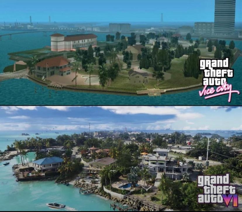 Comparison of two video game landscapes: "Grand Theft Auto: Vice City" (top) and "Grand Theft Auto VI" (bottom) showcasing urban environments