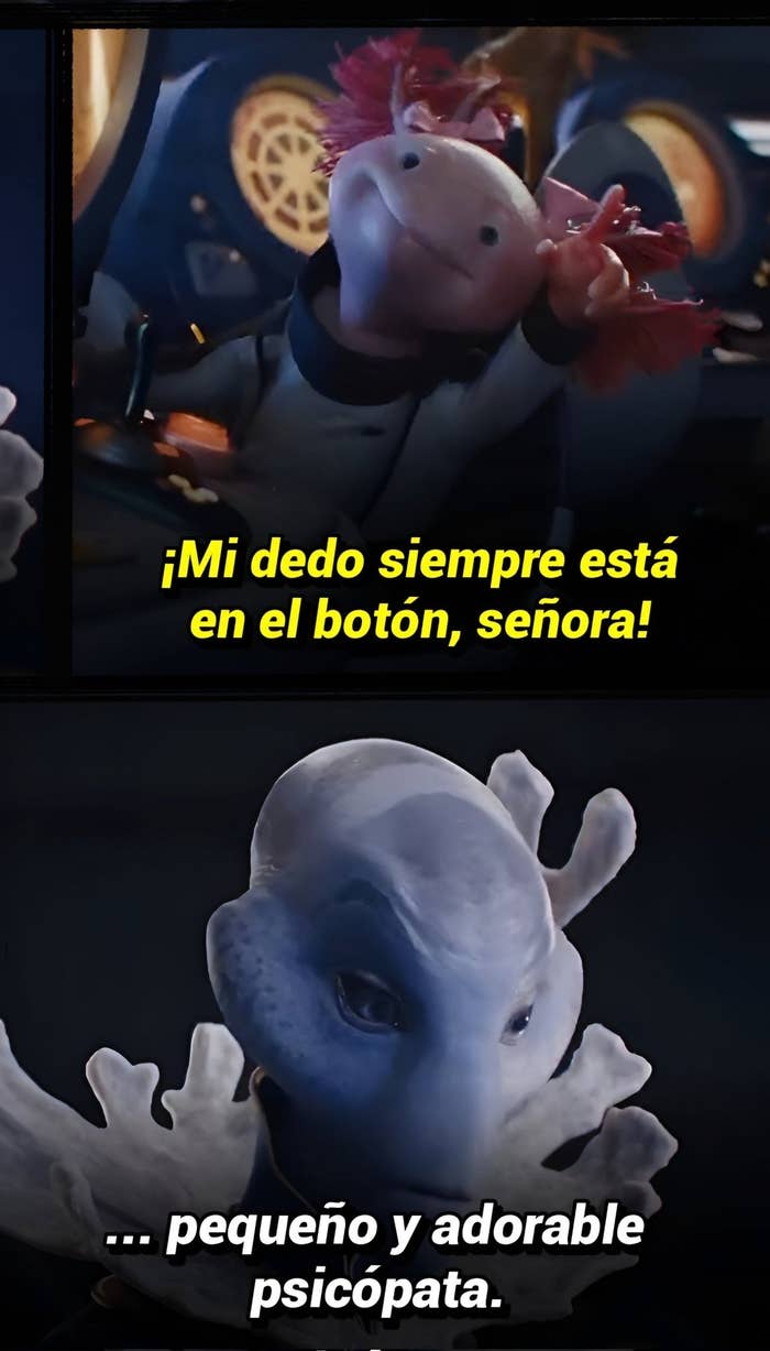 Personaje animado afirmando que siempre está listo para pulsar un botón, descrito como "pequeño y adorable psicópata"