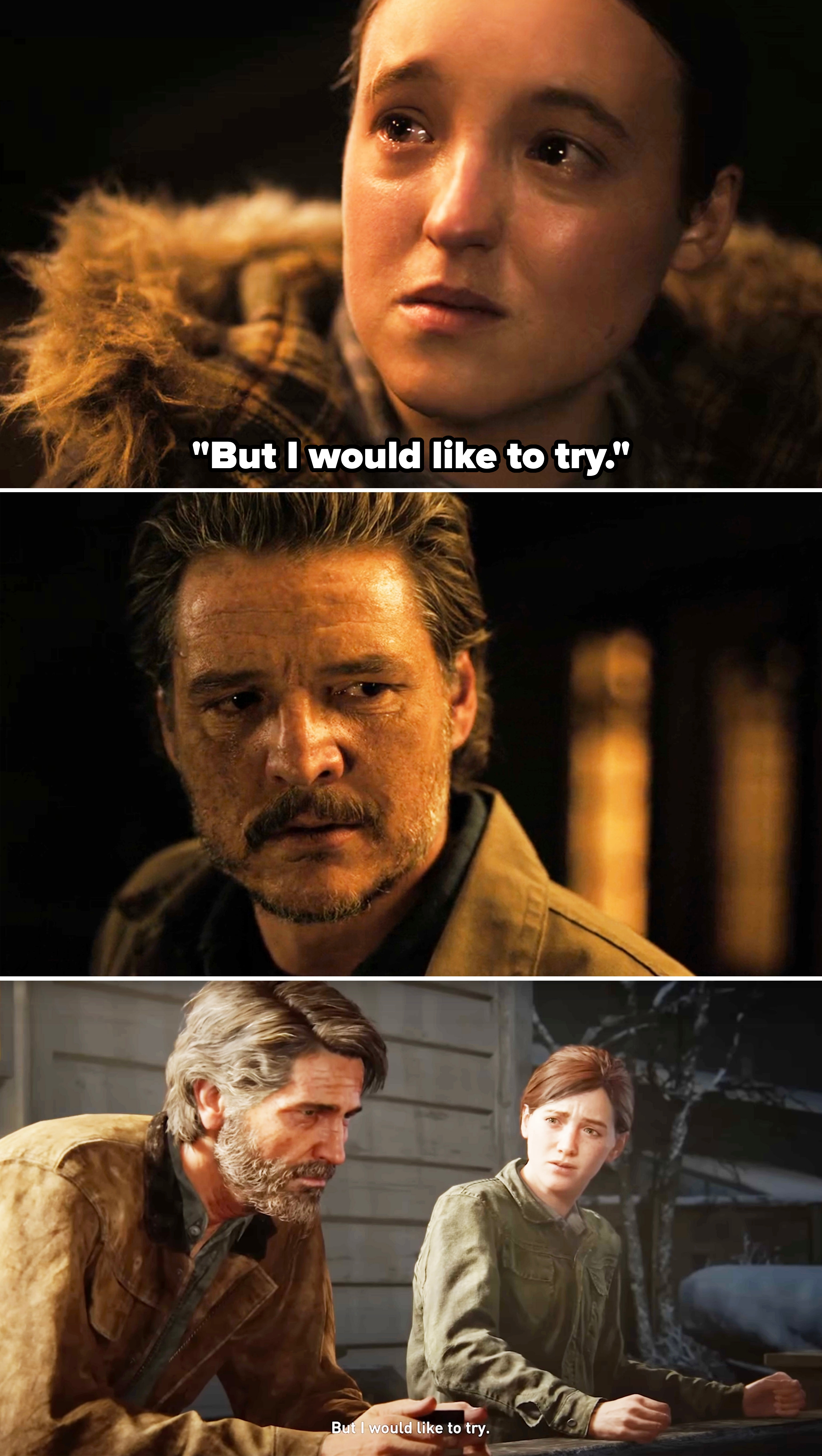 Ellie standing on the porch with Joel and telling him she would like to try in the show vs. game