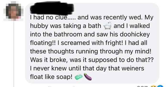 Screenshot of a social media post recounting a humorous incident involving a floating household item, likened to soap, in a bathtub
