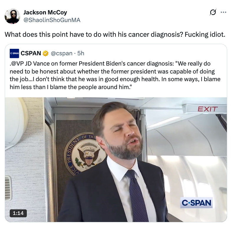 Man speaks on airplane in a CSPAN video clip, discussing former President Biden's cancer diagnosis. Social media user criticizes his comment