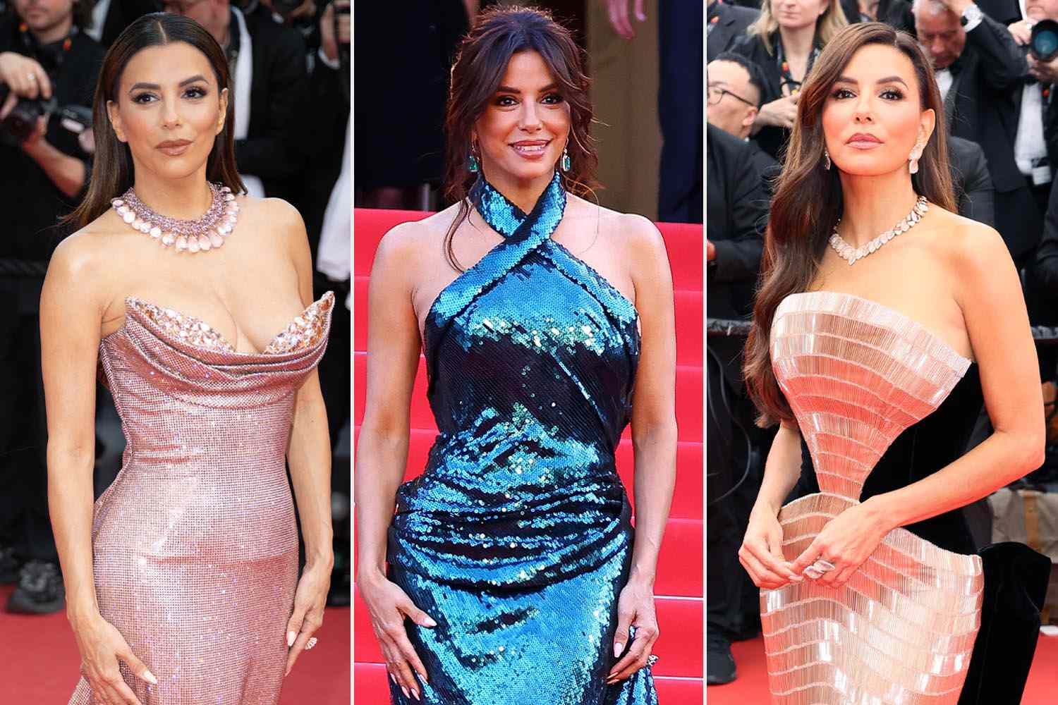 Tres mujeres en la alfombra roja, cada una con vestidos elegantes y llamativos, posan para las cámaras