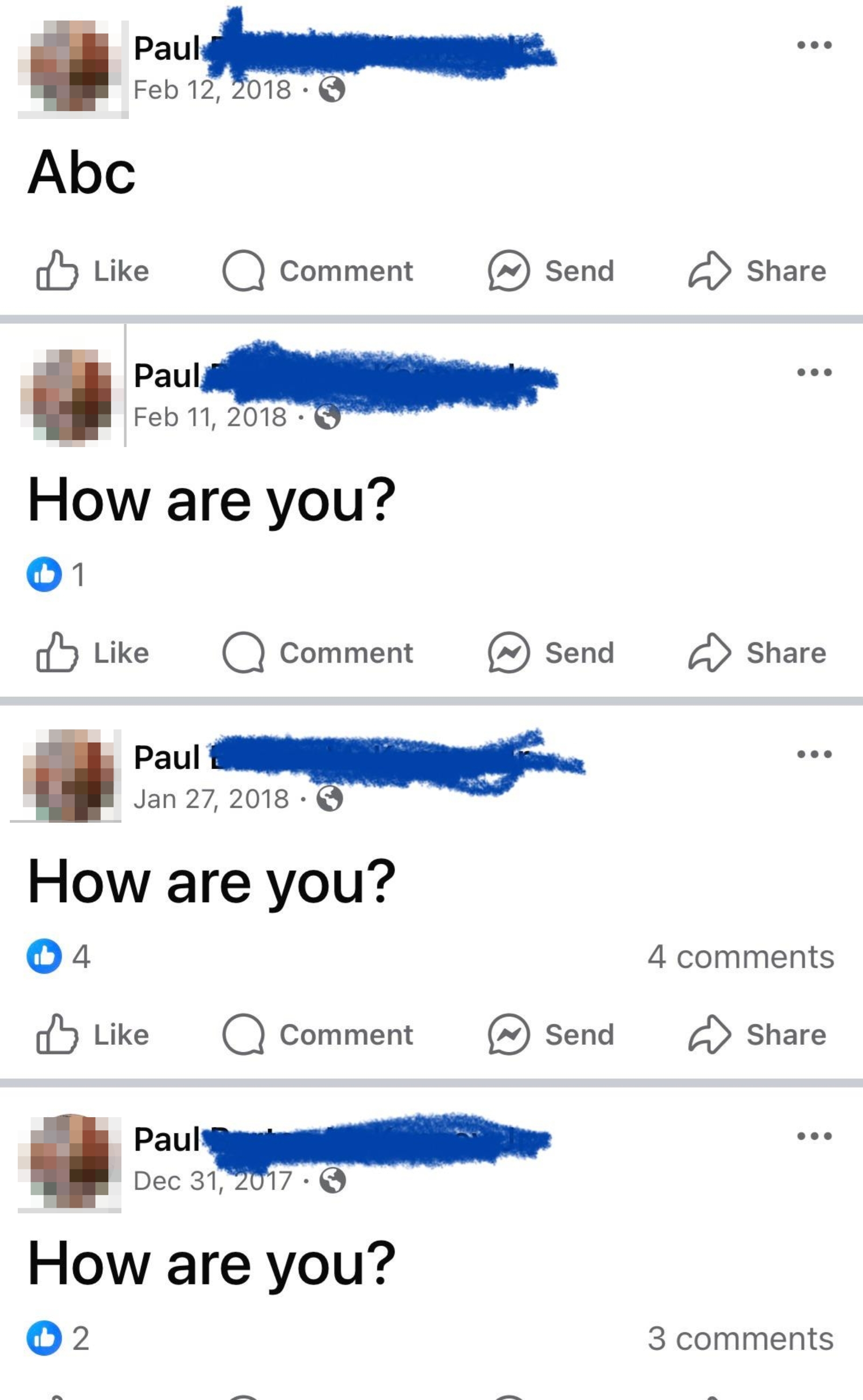 Four Facebook posts by the same user: "How are you?" repeated three times and "Abc" in the first post, each with likes and comments