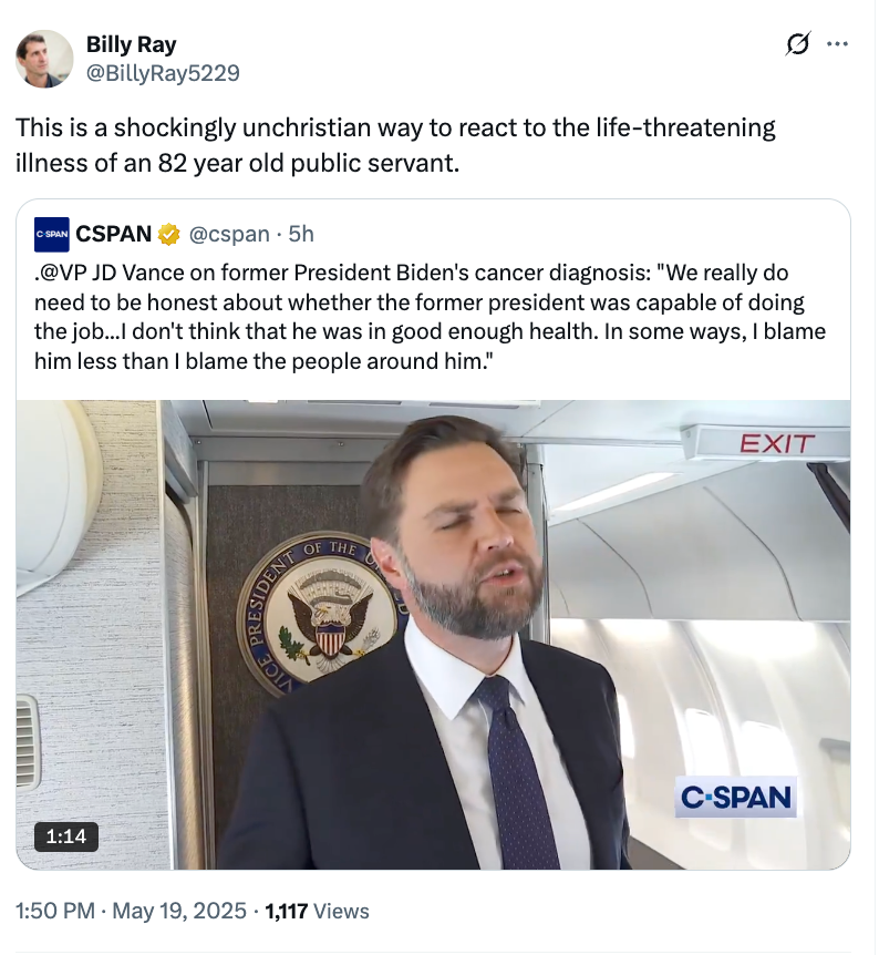 A tweet by Billy Ray criticizes JD Vance's comments about President Biden's cancer diagnosis. A photo of Vance accompanies the tweet