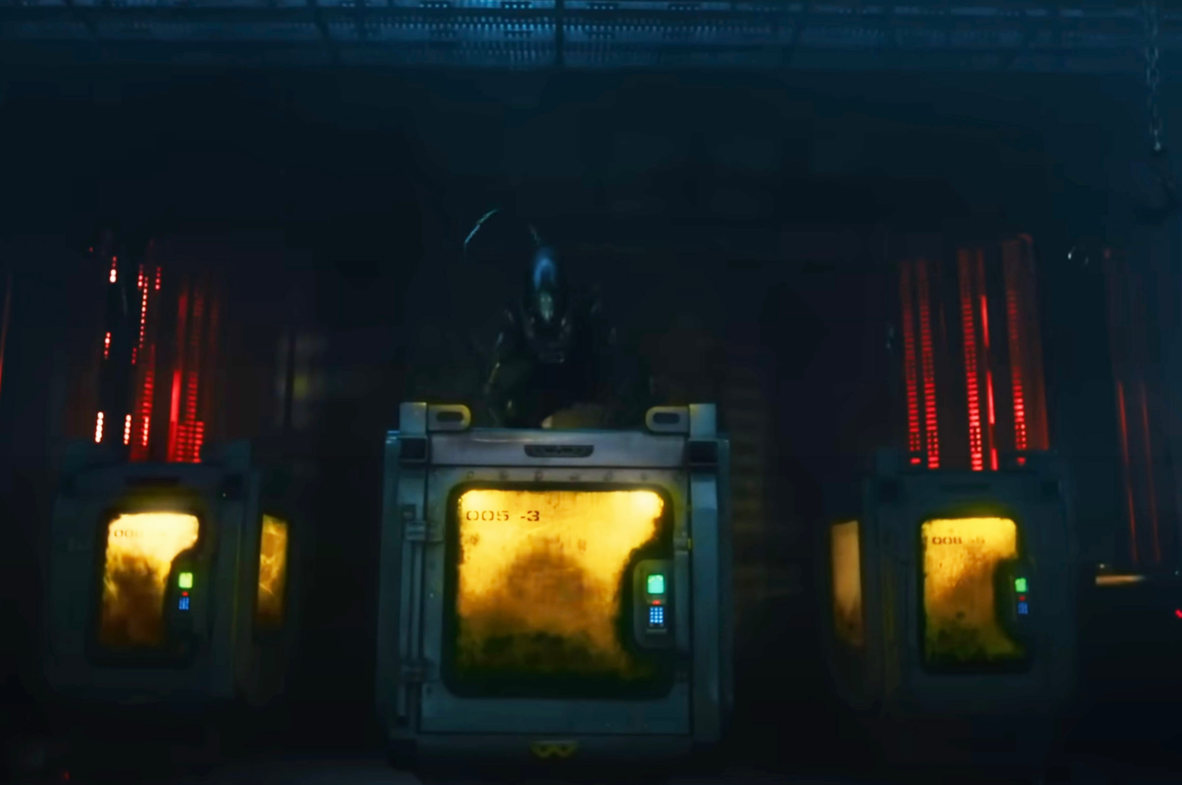 A sci-fi scene with a futuristic soldier atop a glowing crate, surrounded by illuminated panels in a dimly lit environment
