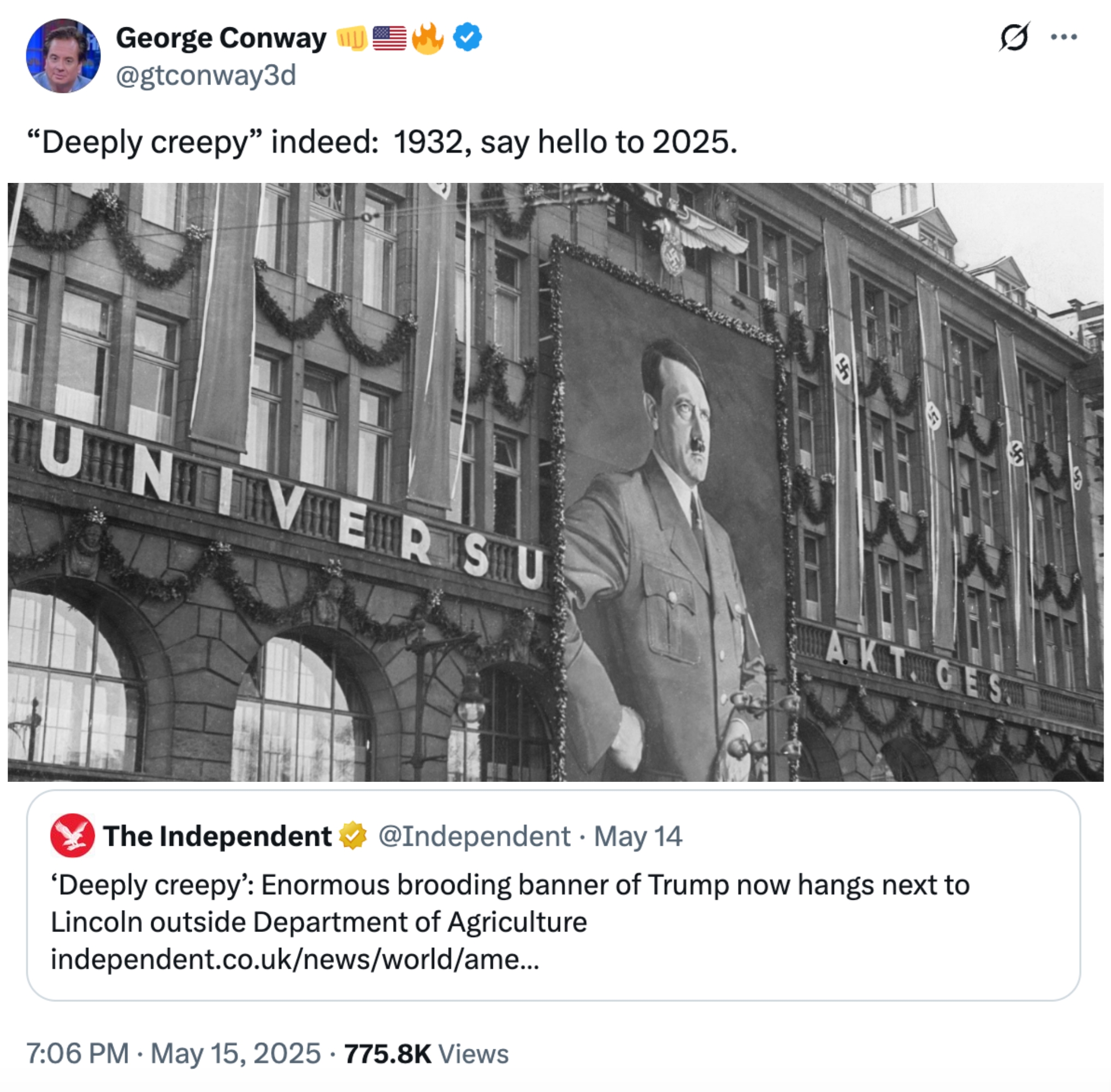 Tweet comparing a large banner of Trump to a historical figure's banner in a social media post about 2025