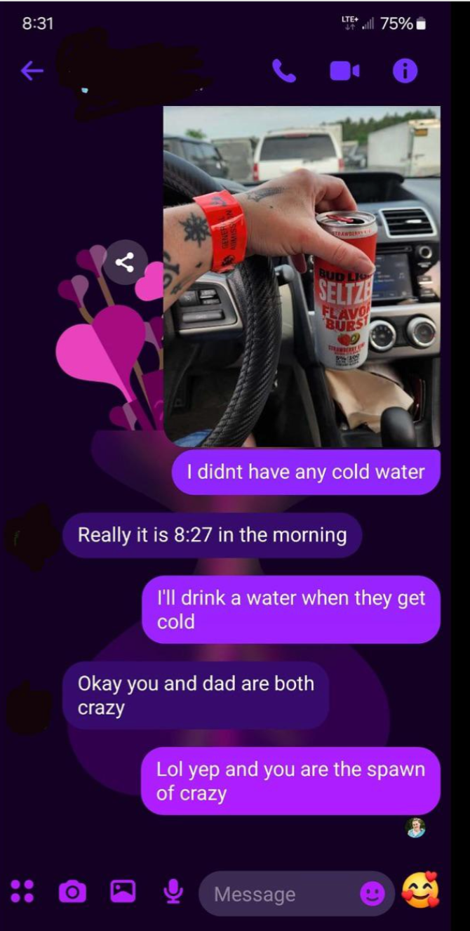 Text conversation: A person shares a picture of holding seltzer in a car. They joke with another about drinking cold water in the morning, calling each other crazy