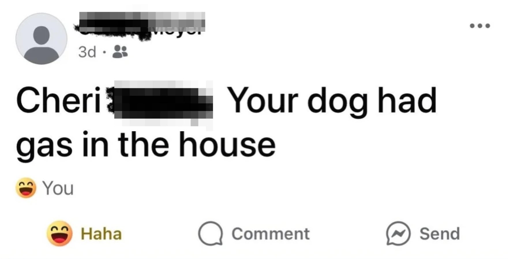 Screenshot showing a Facebook post about a dog having gas, and a meme with "My Granddaughter" above an image of a hummingbird