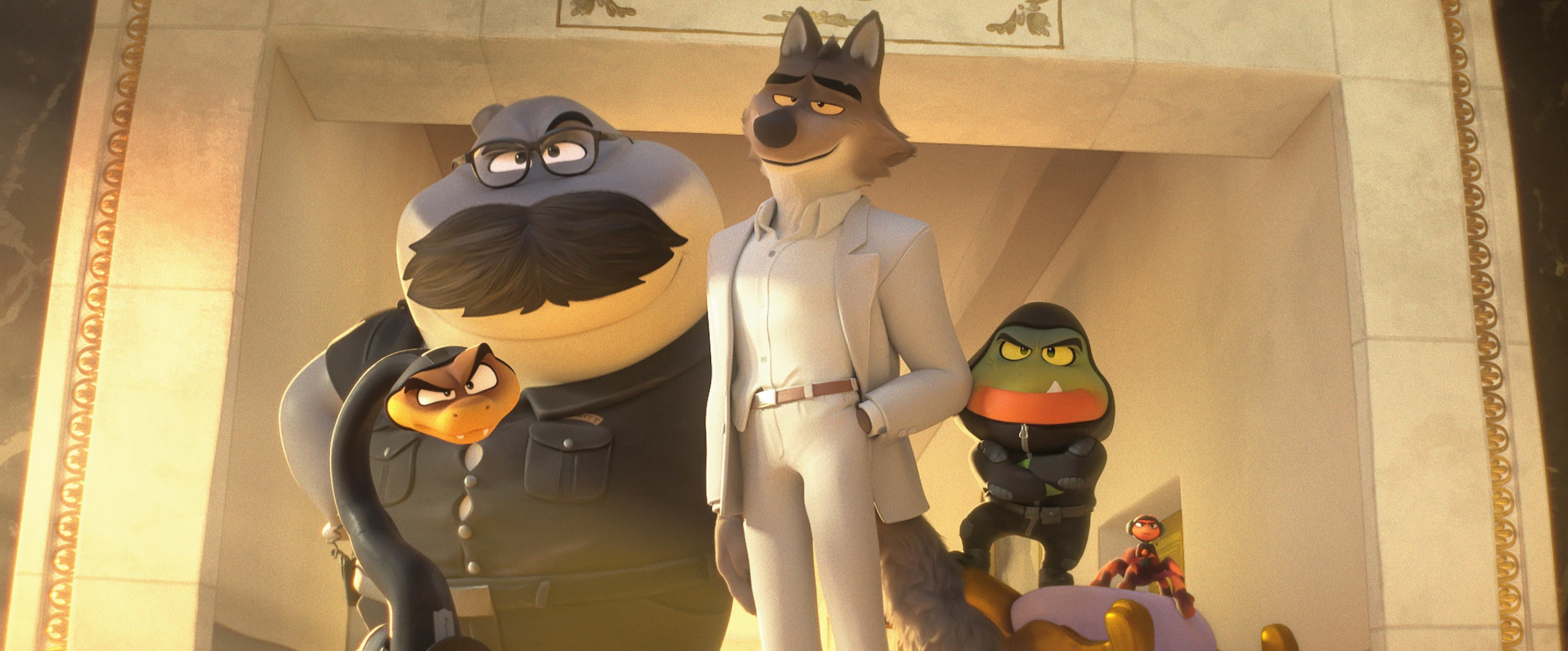 Animated animal characters, including a wolf in a suit, posing confidently in a lavish room; scene from an animated movie