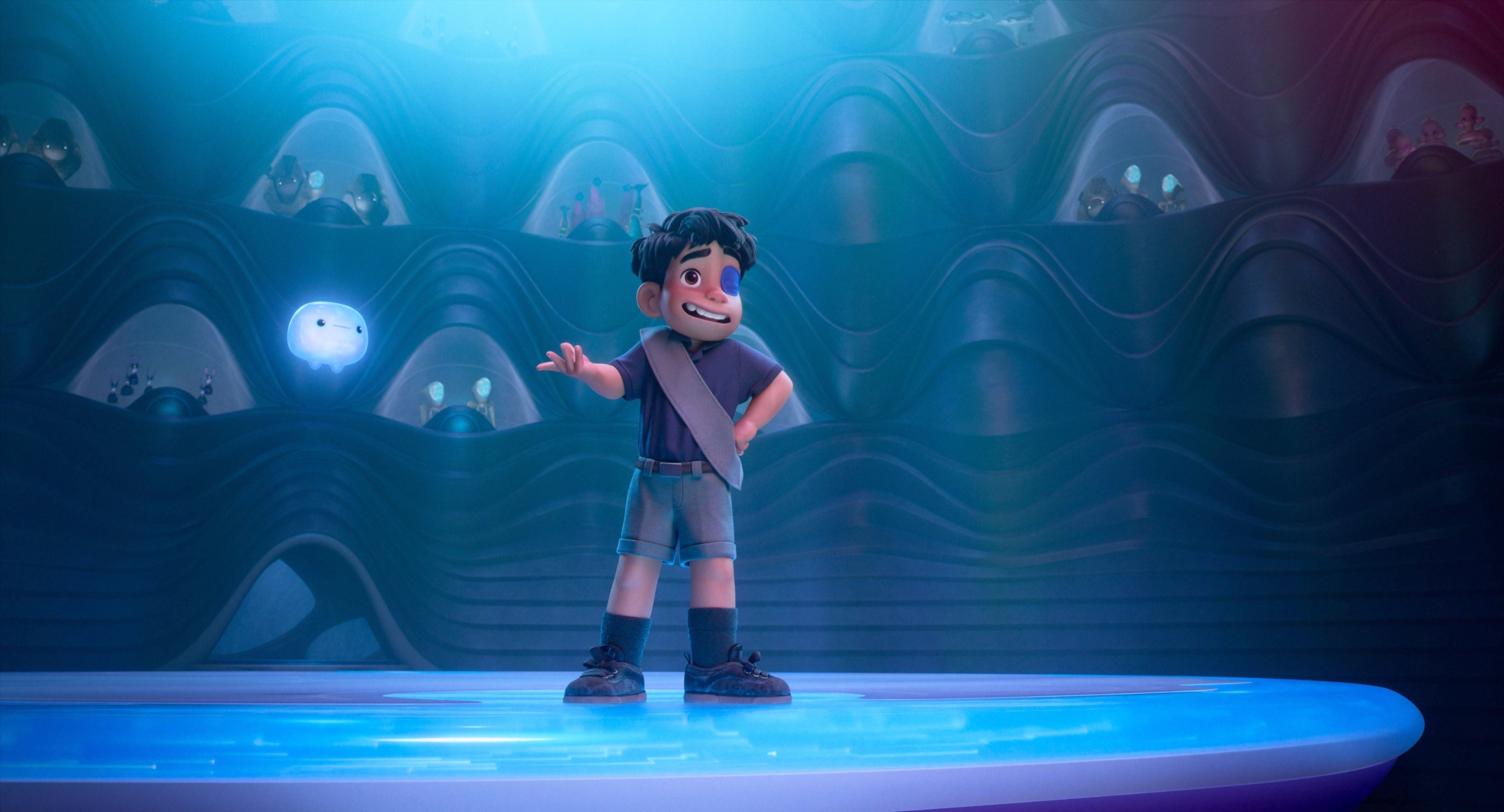 Animated character with short hair stands confidently on a glowing platform with futuristic background, accompanied by a floating light orb