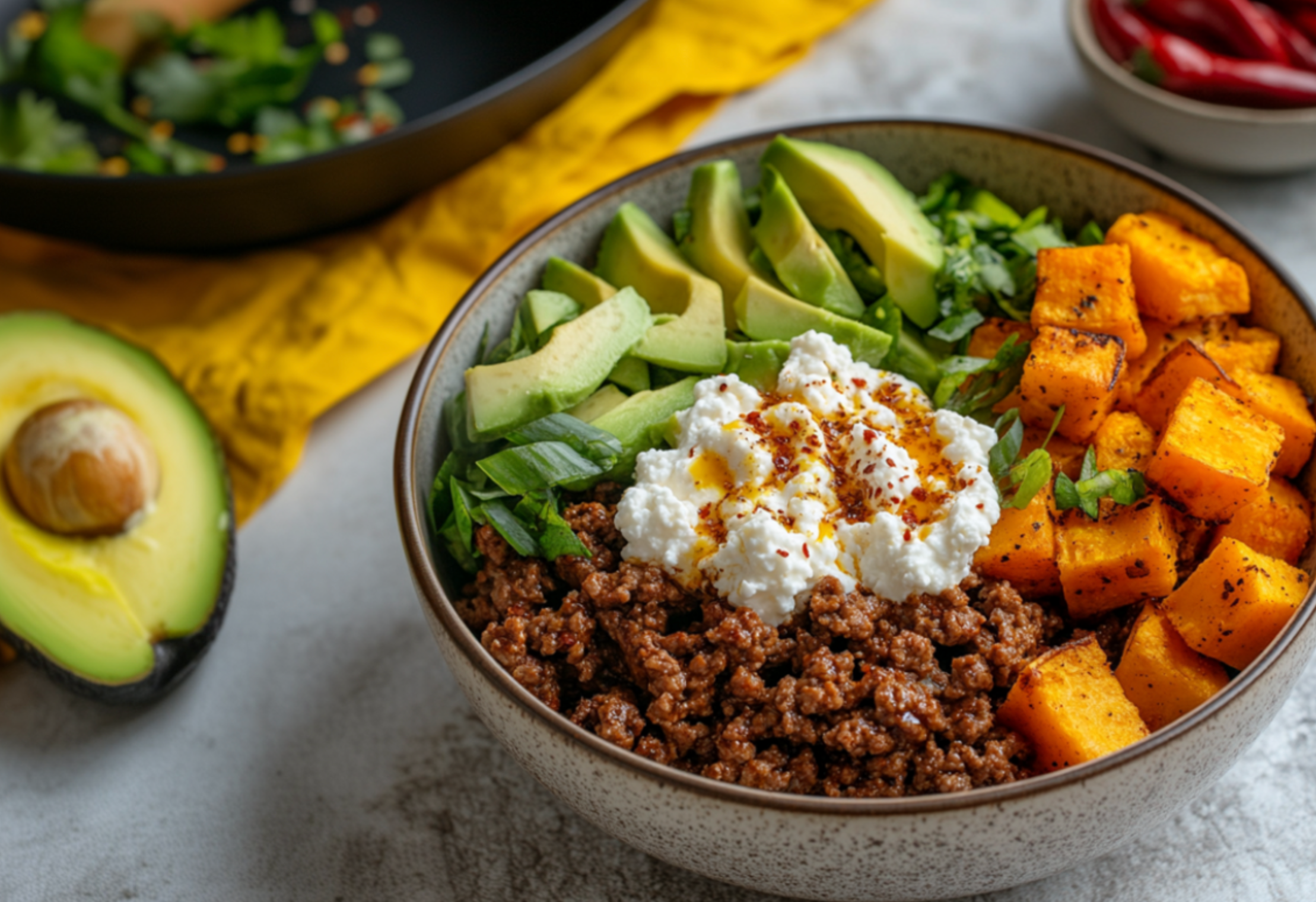 Bowl with seasoned ground beef, avocado slices, roasted squash, topped with a dollop of cream and herbs, alongside a cut avocado on a table