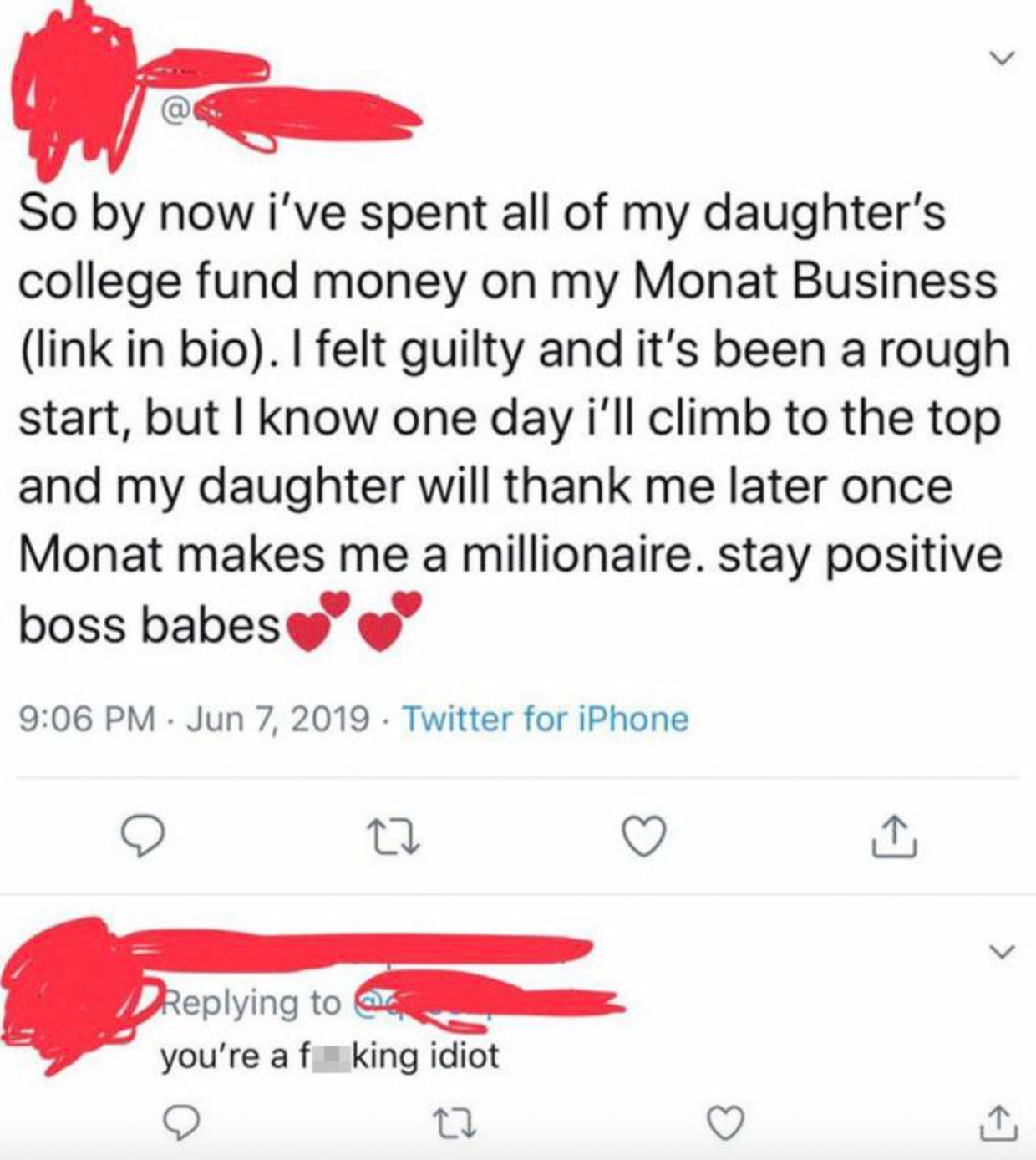 Tweet about spending daughter's college fund on a business, with a reply criticizing the decision