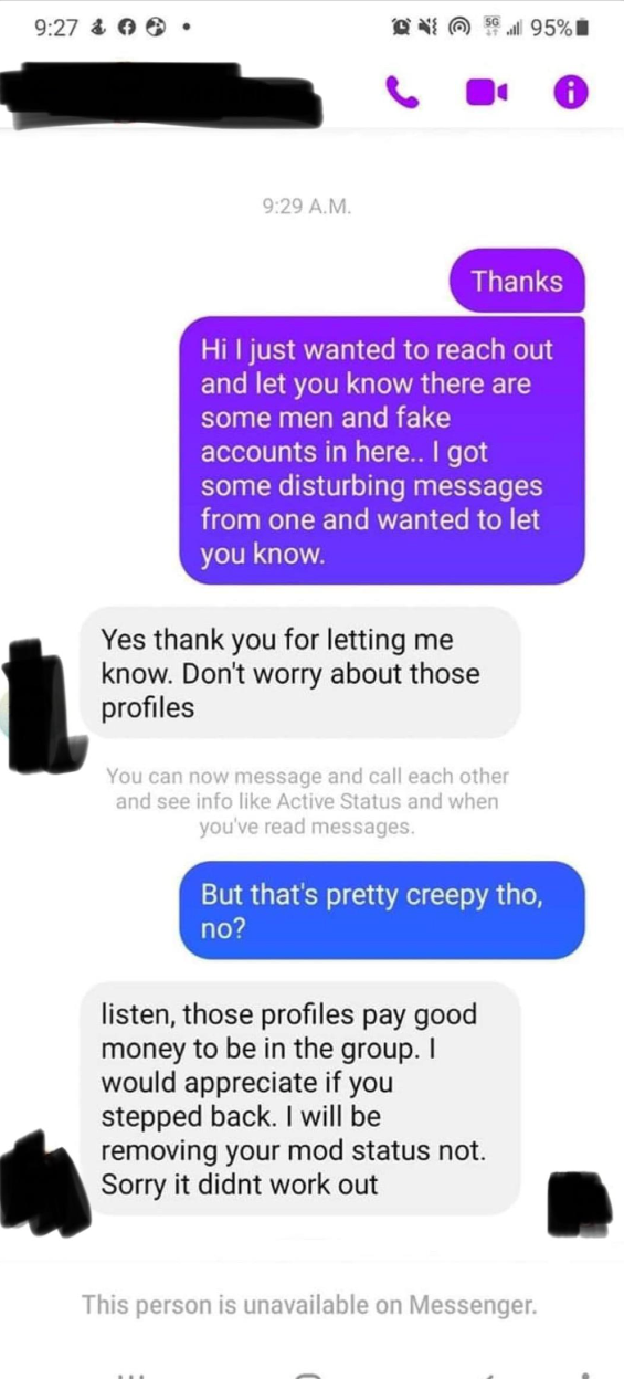Screenshot of a text exchange where one person warns about fake accounts, while another responds casually and declines further action