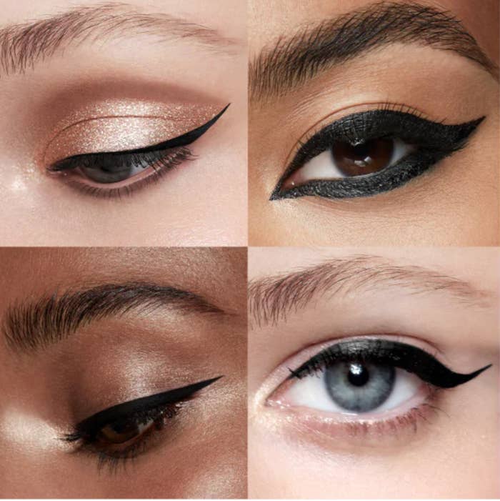 Four close-up photos of eyes, each showcasing antithetic eyeliner styles and shimmering eyeshadow, suitable for buying oregon constitution article