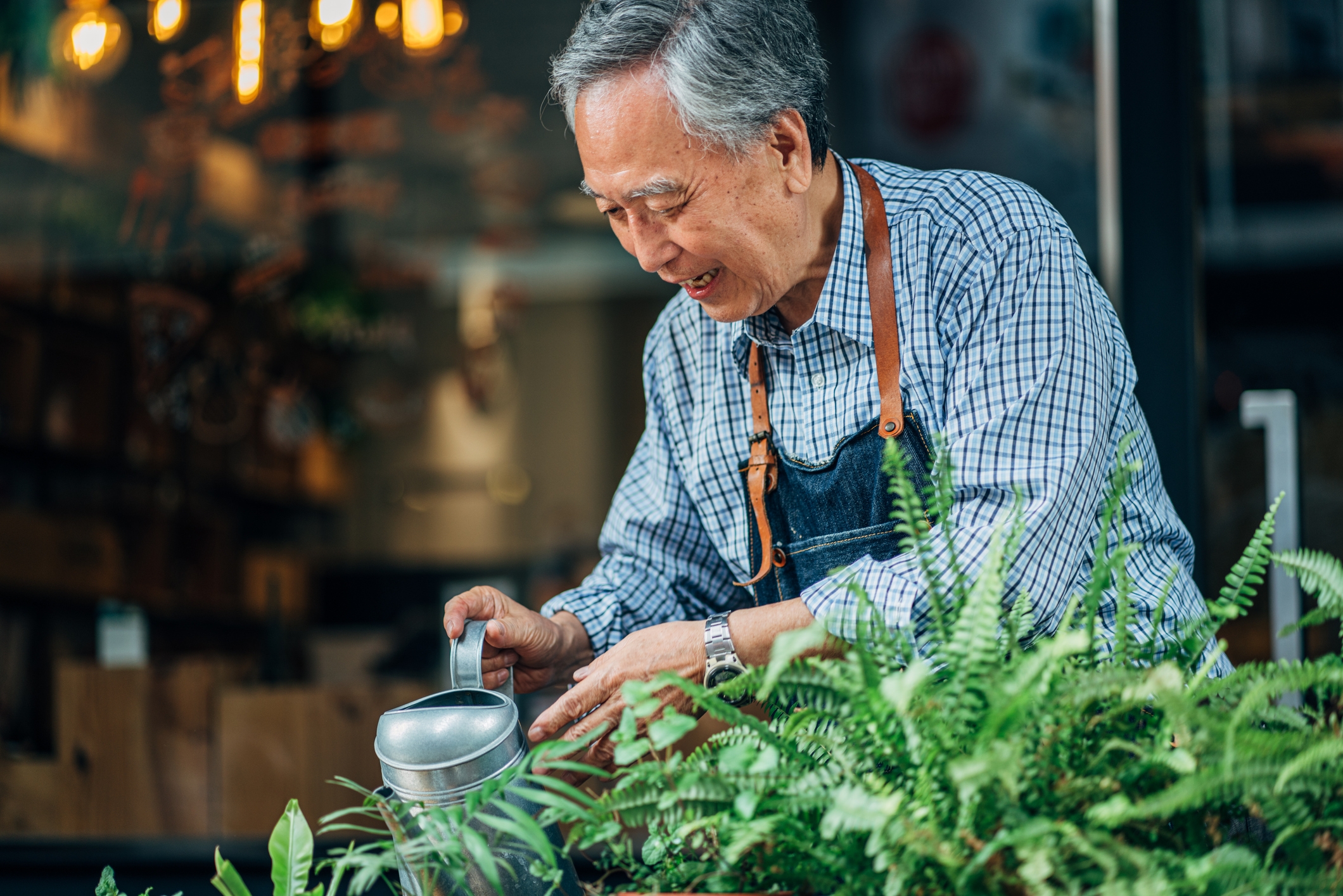 Elderly man with apron watering plants, smiling outdoors