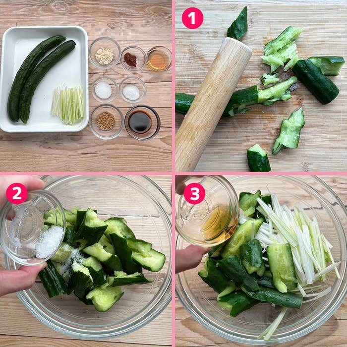 3ステップの料理手順: 1. きゅうりを叩く。2. 塩を加える。3. 調味料を加えて混ぜる。