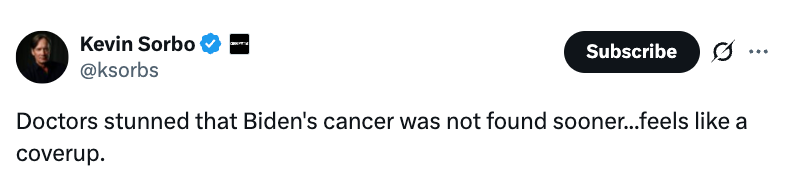 Tweet claiming doctors are surprised Biden's cancer was not found sooner, suggesting a coverup